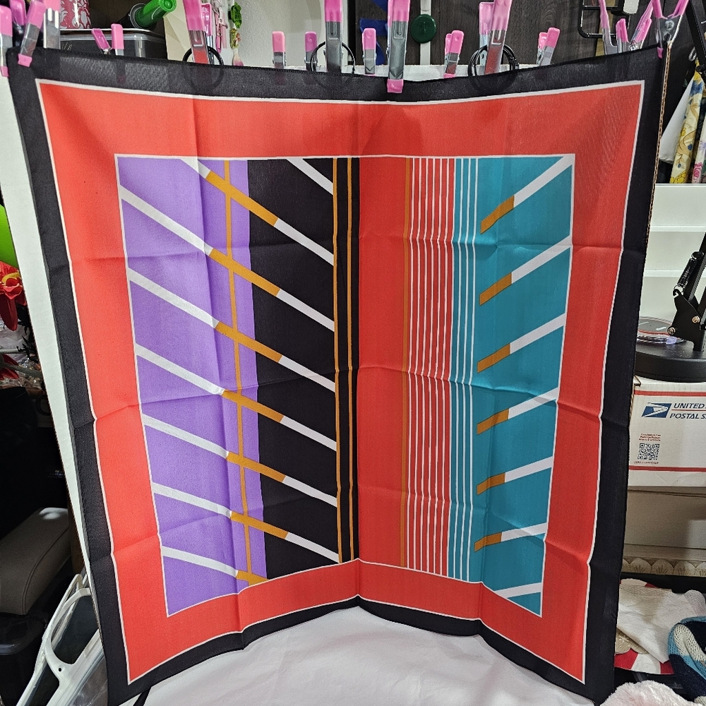 ITALY Liz Sinclair Scarf Geometric Red Black Purple White Turqoise Vintage 26"